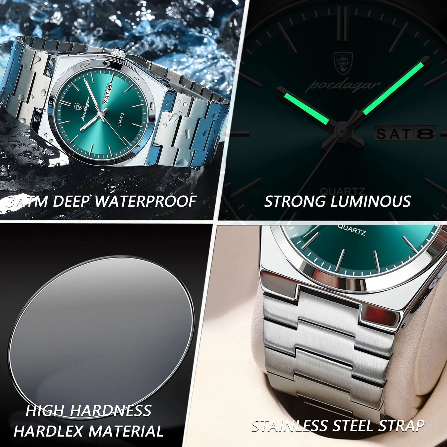 Poedagar Rexo Luxury watch- Silver Green